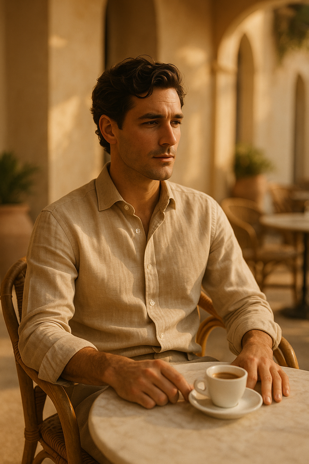 Linen shirt worn at a Mediterranean cafe
